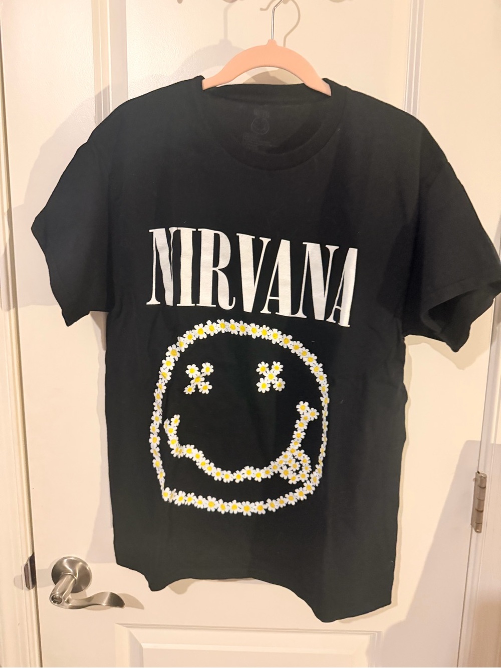 NIRVANA Black Tee with Faded Smiley Tag Print